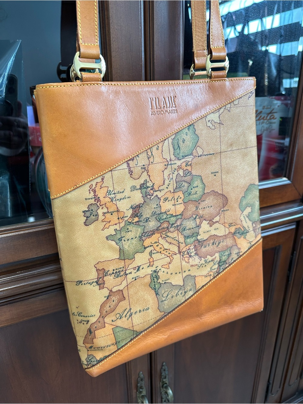 Alviero Martini Map-Print Messenger Bag in Tan and Green - Picture 1 of 5